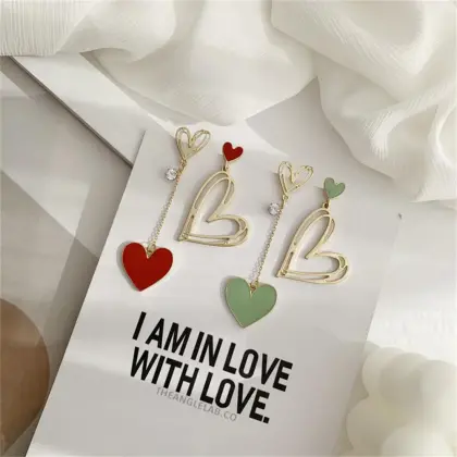 Color ink asymmetrical peach Heart Long earrings two pairs