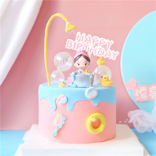 Happy bubble bath Bathing Room Duck Girl Happy Birthday Cake Topper Kid Party Supplies Pink Love Gifts