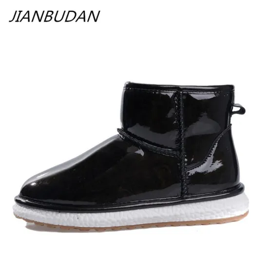 JIANBUDAN Waterproof snow boots Women's leather winter plush ankle boots Casual flat women's plush cotton boots 35-40 size
