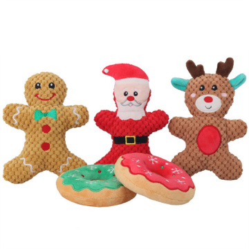 Cute Plush Pet Interactive Squeak Toy: Snowflake Snowman Elk Santa Donut Dog