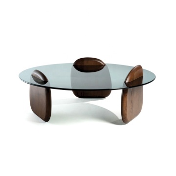 Modern Round Glass Coffee Table with Wooden Legs and Tempered Glass Top
