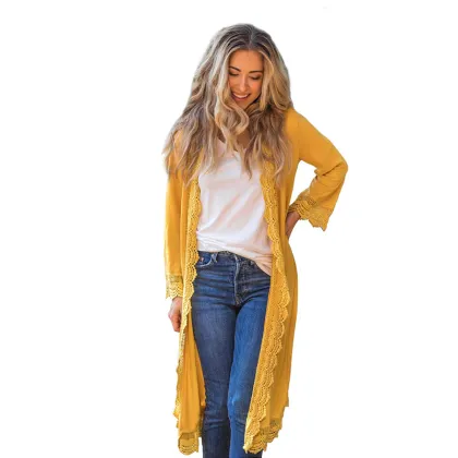 Women's 3/4 Sleeve Lace Trim Cardigan Coverup