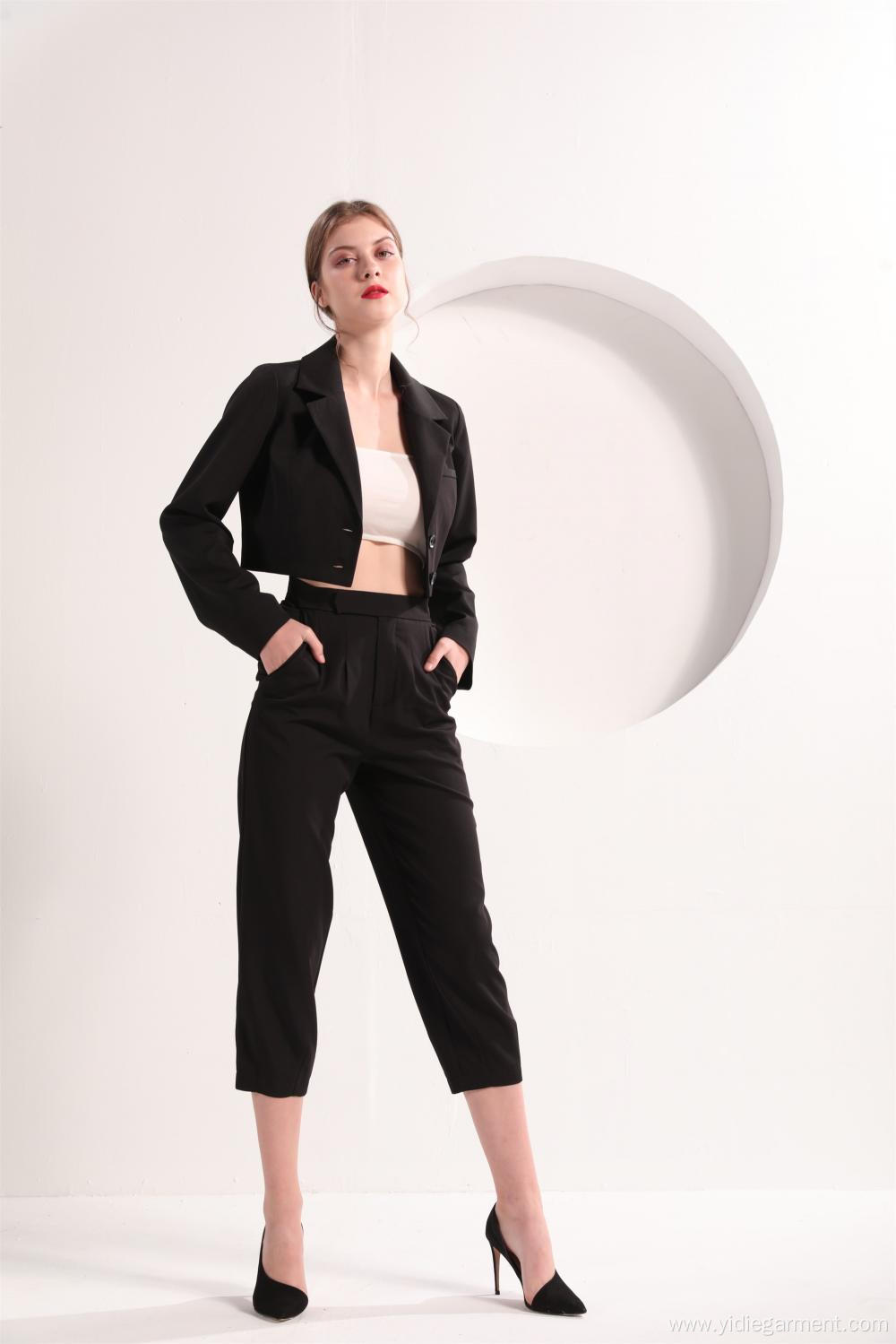 Ladies' Black Color Cropped Blazer and Trousers