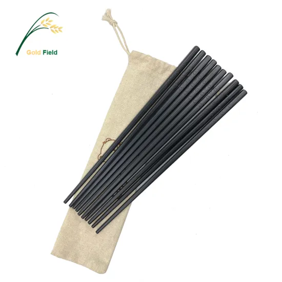 24CM Reusable Black Alloy Chopsticks 5 Pairs with PPS Fiberglass & Cotton Drawstring Pouch