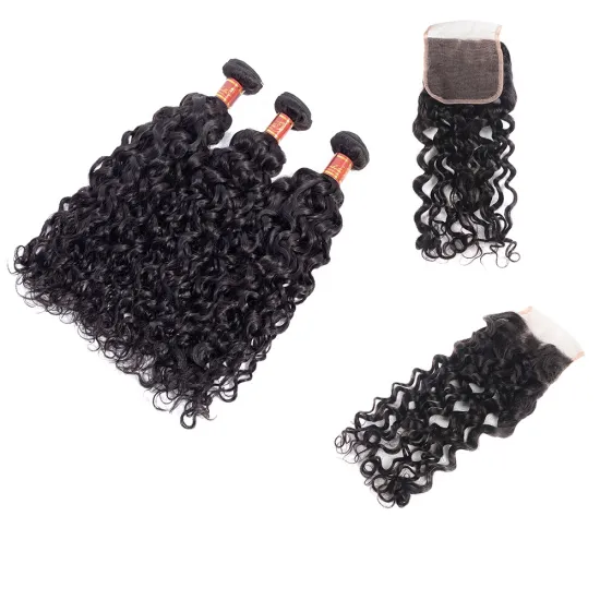 Unprocessed Remy Virgin Mink Peruvian Cuticle Aligned Water Wave Hair Bundles With Lace Front Closure