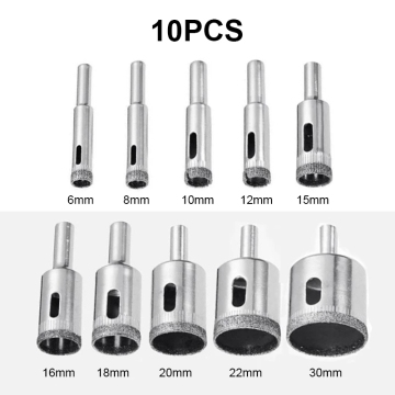 Diamond Coated Drill Bit Set - 10pcs 6mm-30mm for Tile, Marble, Glass & Ceramic