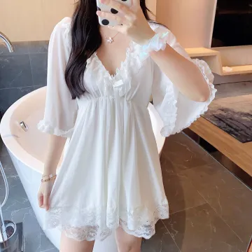 Plus Size Deep V Transparent Mesh Nightdress Lingerie Pajamas