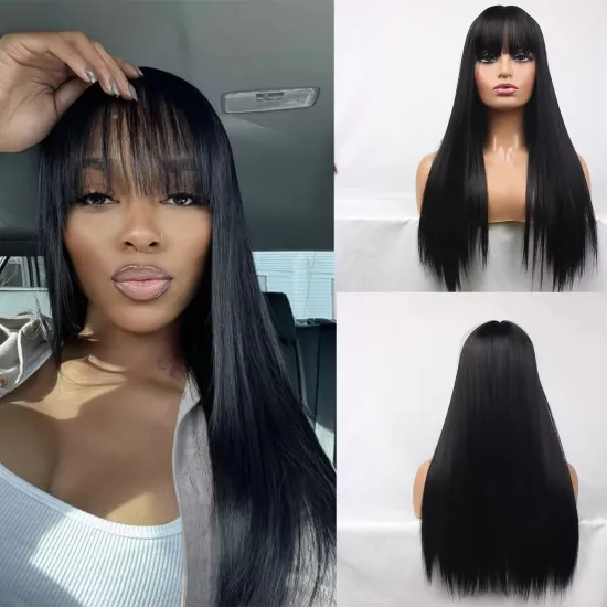 24 Inch Black Long Straight Wigs with Heat-Resistant Layered Synthetic Fibers: Achieving a Natural Look and Feel for Women's Daily Wear