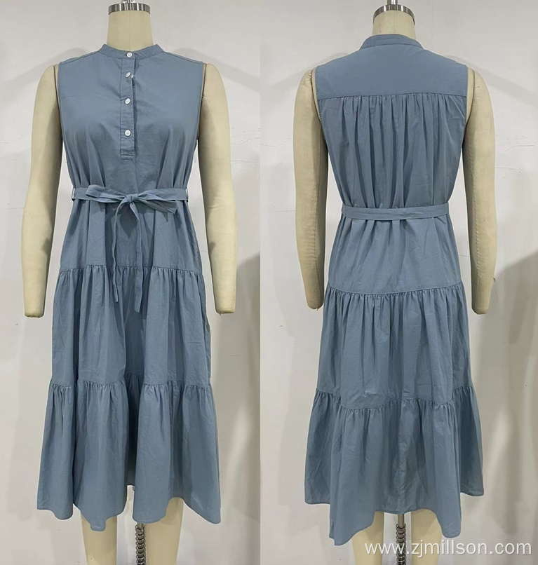 Sleeveless Waist Strap Pleated Design Shirt Dress