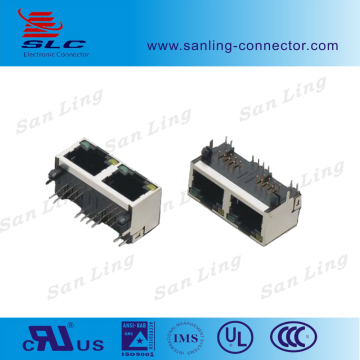 56S-LED 8P8C with 90 degree 8 Pin Dual RJ45 Connector
