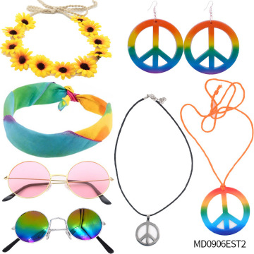 60s Hippie Costume Party Set: Rainbow Peace Sign Necklace, Earrings, Flower Crown, Headband & Sunglasses