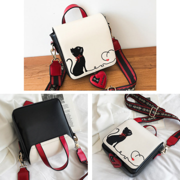 Women Bag Cute Cat Embroidery Shoulder Bag Leather