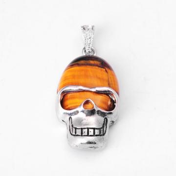 Tiger Eye Semi Precious stone Skull Alloy Pendant