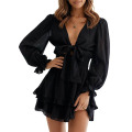 Womens Knot Front V Neck Ruffles Dress