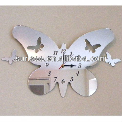 Acrylic wall clock, Butterfly Acrylic Mirror Clock with 2 Floating Butterflies 40cm X 26cm AMC-005