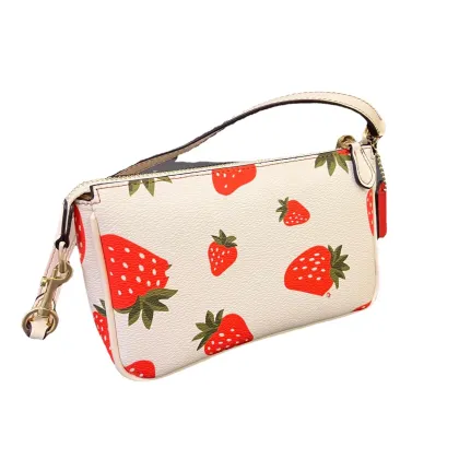 Strawberry Mahjong Crossbody Handbag - Women's Summer Fashion Cowhide Small Square Zipper Bag