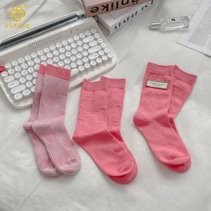 Korean Pink Mid Socks Handmade Label Sports Socks