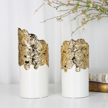 Ceramic Gold Flower Decor Vase - Unique 8.66 Inch Embossed Gold Vase for Home Decoration
