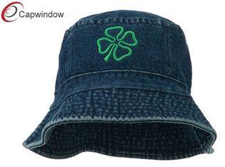 Denim Four Leaf Clover Embroidered Fisherman Bucket Hat for