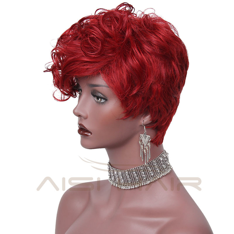 The Best Selling Cosplay Short Curly Wigs For Black Women Synthetic Wine Red Color Fiber High Temperature Wig With Bangs