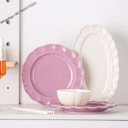 2023 New Floral Plates Purple Flower Dinnerware Floral Dinner Set Ceramic Tableware Porcelain Flower Shape Bowls