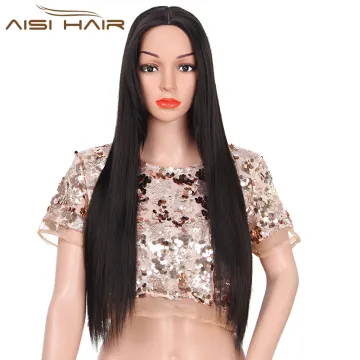 Aisi Hair Long Silky Black Color Wigs Straight Synthetic Wigs For Black Women Heat Resistant Fiber
