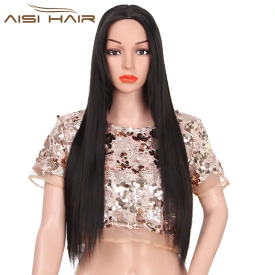 Aisi Hair Long Silky Black Color Wigs Straight Synthetic Wigs For Black Women Heat Resistant Fiber