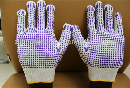 Purple PVC dotted cotton knitted working gloves /hand gloves