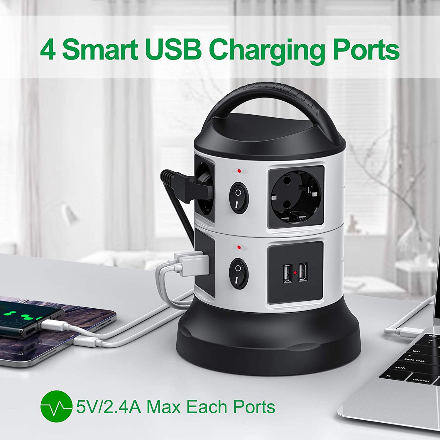 Power Strip Multiple Socket With 4 USB Charging Ports 6 Socket Tower 2 Switche 3m Cable Surge Protection Smart Socket For Office