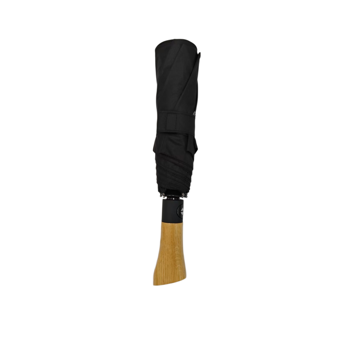 black_folding_umbrella_yellow_wooden_handle_closed