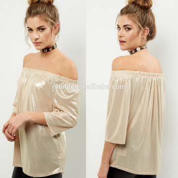 OEM Wholesale Women Fashion Blue Vanilla Silver Metallic Tops Blouses Off the Shoulder Tops Blouses for Ladies Sexy Clothing