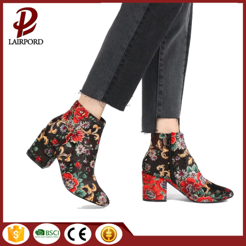 Impressão feminina de tecido flor botas de tornozelo quentes