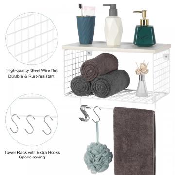 White Metal Mesh Bathroom Storage Shelf with Hooks