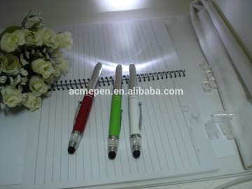 LED light Pen Ballpoint Pen Smartphone Touch stylus and torch China Crystal on pen top 3 in 1 Multifunction pen
