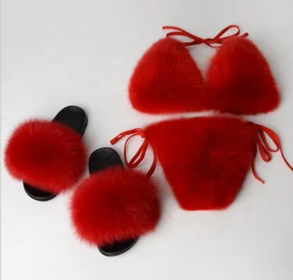 Women Real Fox Fur Bikini Bra and Fox Fur Slides Summer Beach Underwear Fluffy Soft Bikini