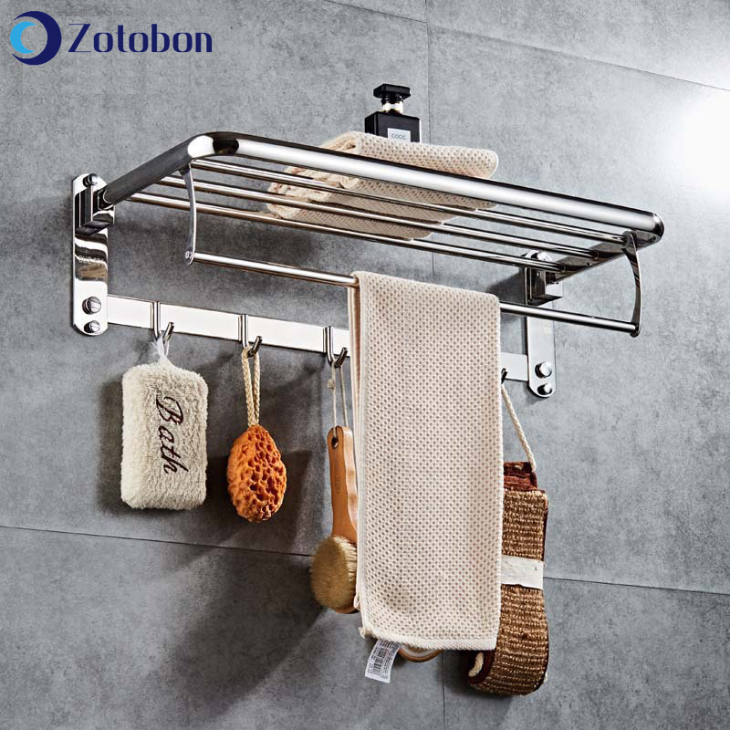 ZOTOBON Stainless Steel Towel Rack Wall Mounted Fold Towel Holder Storage Shelf with Hook Bathroom Shower Room Accessories H255