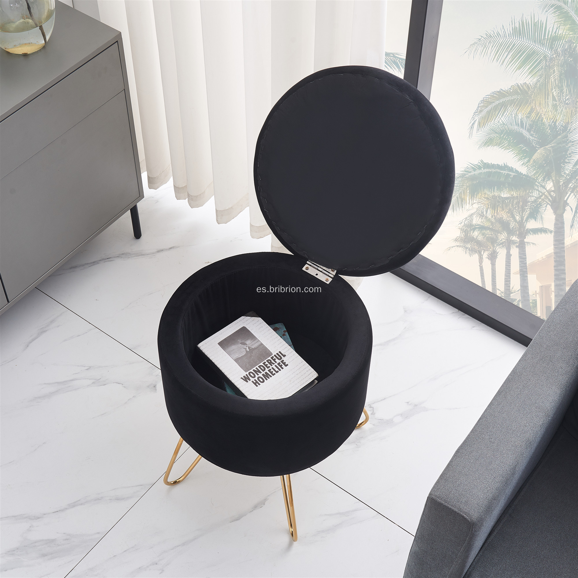 Gold Foot Stool de almacenamiento de terciopelo Otomano para el hogar