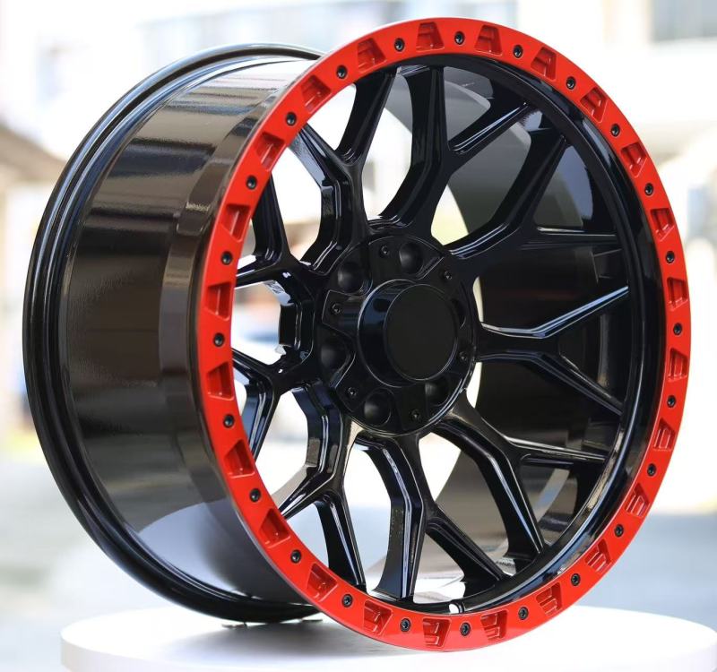 20-inch Gloss Black Full-Painted Wheels with Red Ring & 24 Matte Black Lug Nuts