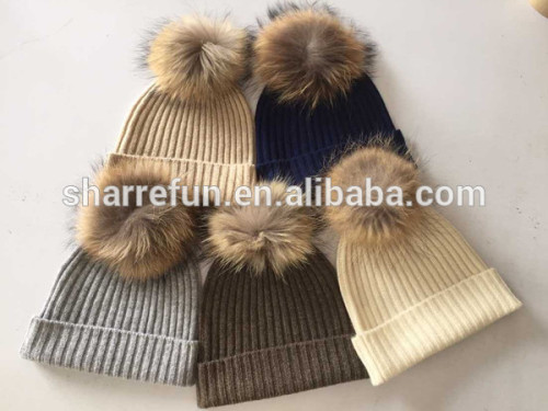 factory wholesale pure cashmere hats with raccoon fur pompom