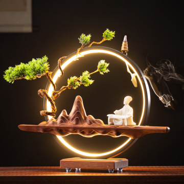 Zen LED Lamp with Mountain Tree Backflow Incense Burner - Home Decor & Gifts