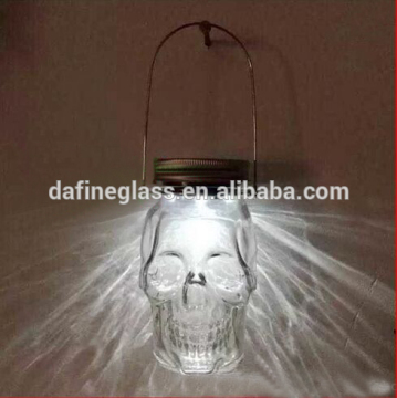 decorative skull head glass jar with solar led tin cap skull LED solar mason jar for halloween