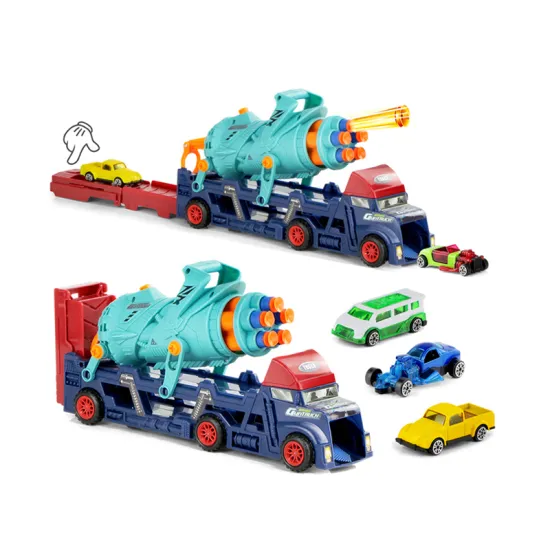 Toy Truck Transport Carrier with Soft Bullet Gun and Ejecting Shells for Boys' Toys with Mini Cars