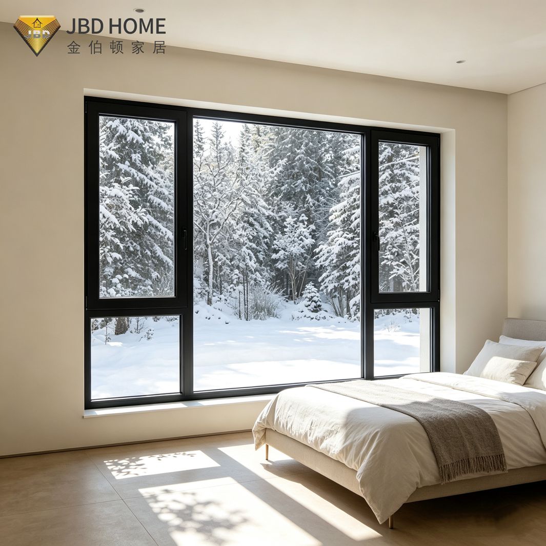 Finestra à battente d'aluminiu in cornice nera cù vista neve