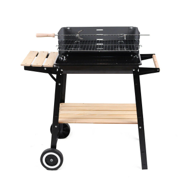 Black Rectangular Adjustable Barbecue Steel Charcoal Rotisserie BBQ Grill With Windshield Wheels For Outdoor Patio Garden