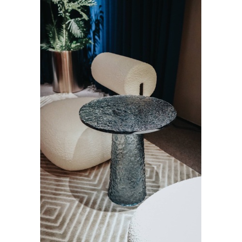 Mesa lateral cilíndrica de vidrio de arte azul moderno