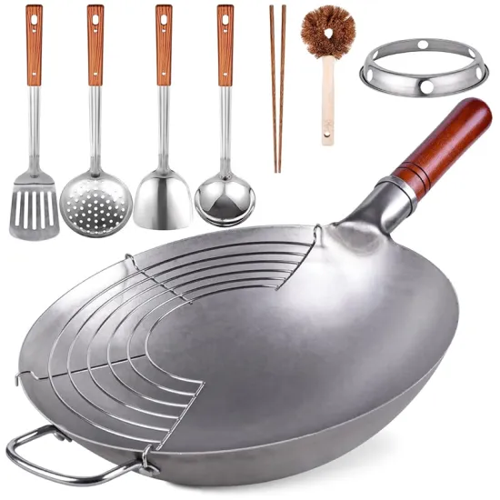 Customizable Size 8-Piece Chinese Round Bottom Wok Set with Accessories