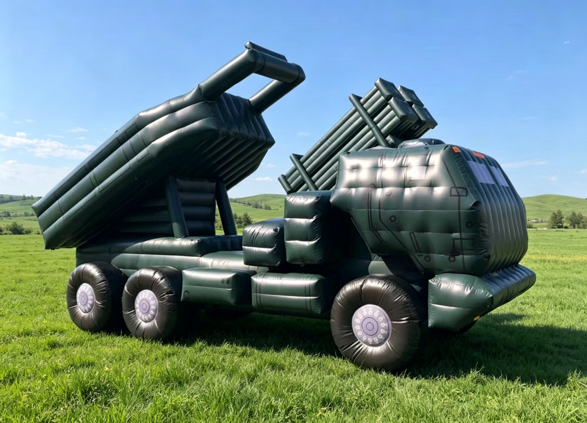 Inflatable green missile launch vehicle decoy on grassland