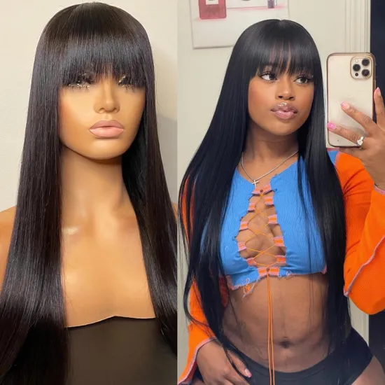 30 Inch Brazilian Bob Glueless Human Hair Wig with Bangs and Fringe