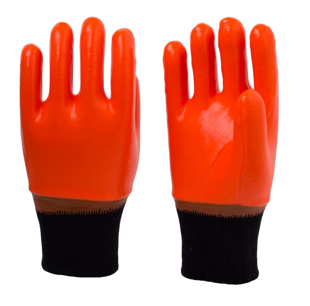 Fluoreszierender PVC-Glatter Endhandschuh. Schwarzer Strick-Handgelenk