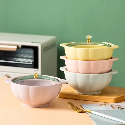 Ceramic Noodle Bowl with Glaze, Double Ears, Anti-Scalding, and Glass Lid